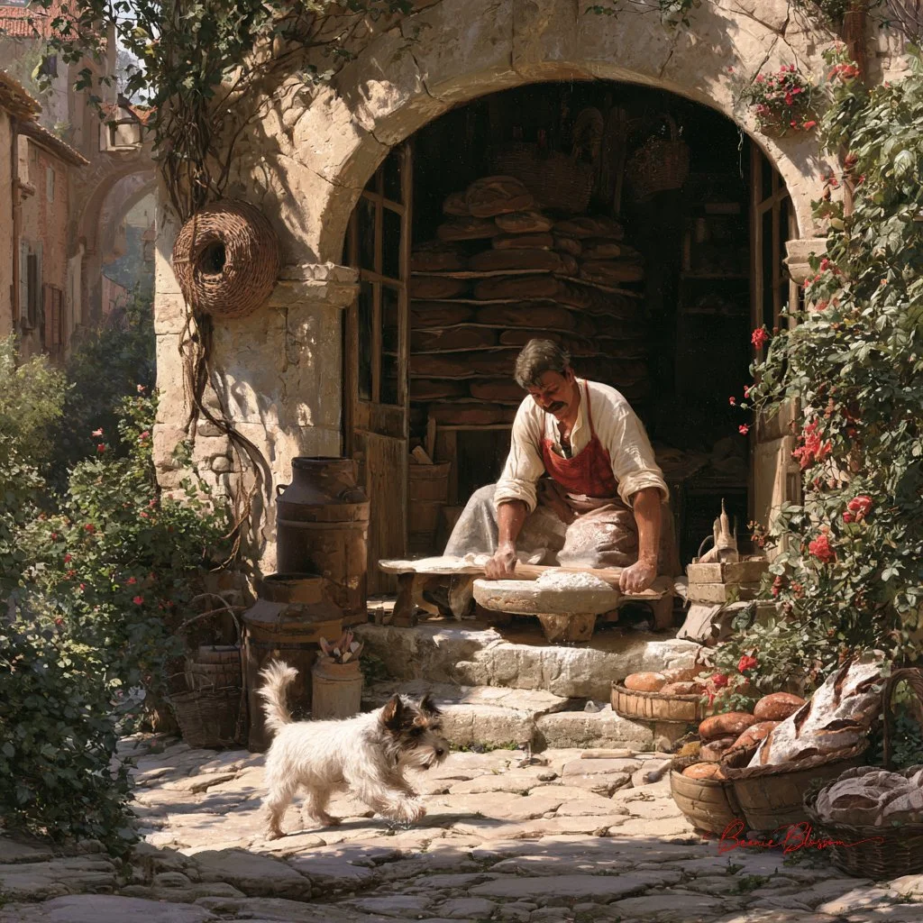Baker kneads dough with gusto in sunlit cobbled lane