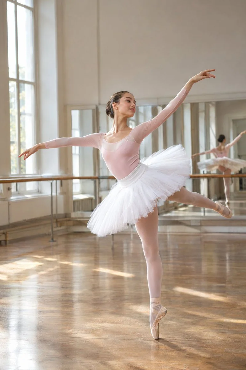 Ballerina in pink leotard dances arabesque in sunlit studio