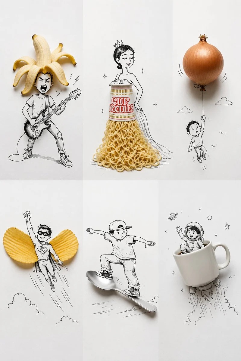 Banana becomes wild rockstar hair in playful doodle fusion