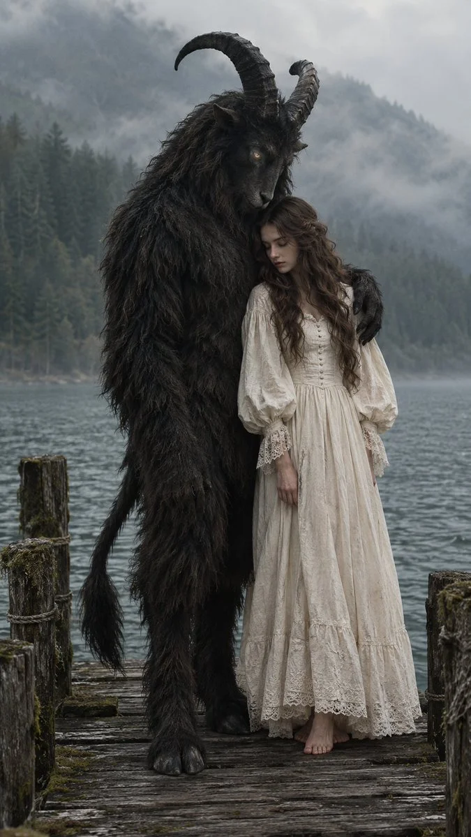Barefoot Woman Stands With Horned Beast on Misty Alpine Pier