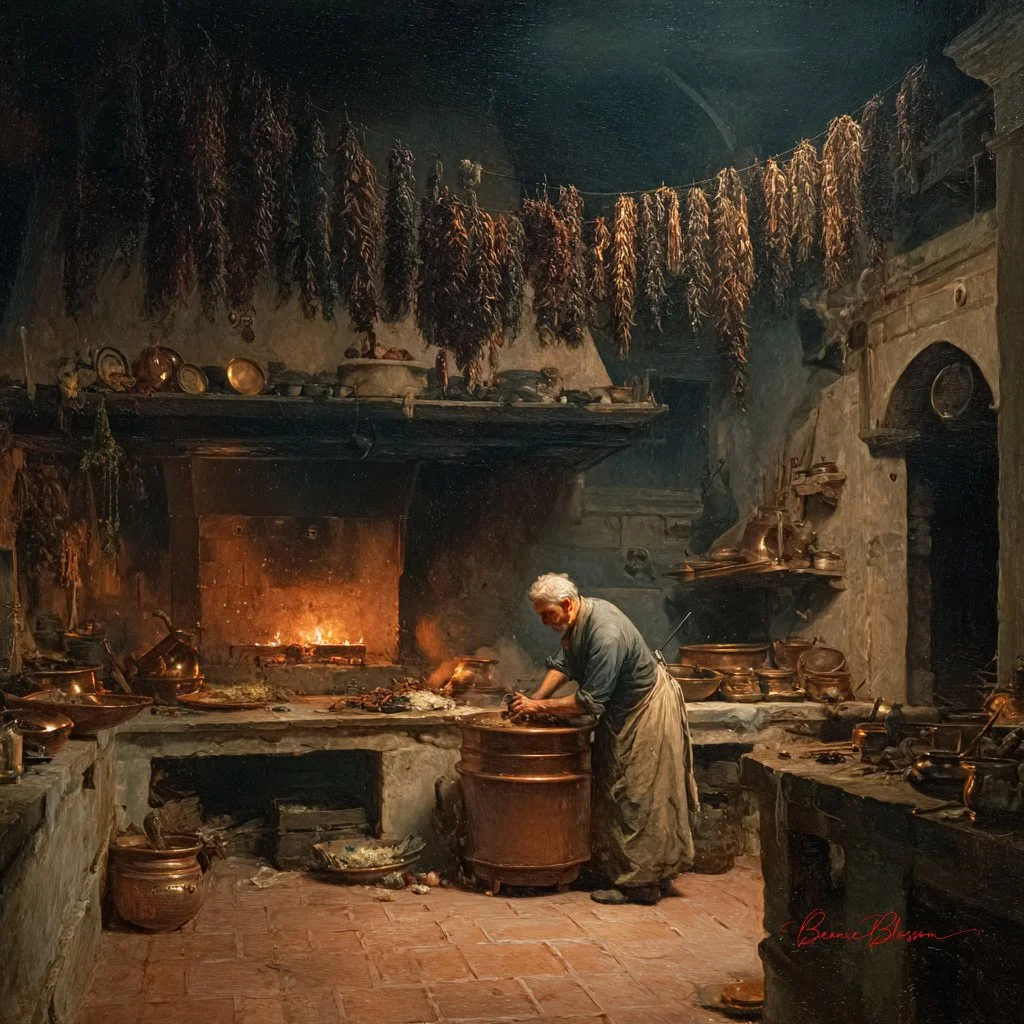 Baroque Midnight Kitchen: Fiery Glow in a Venetian Palazzo