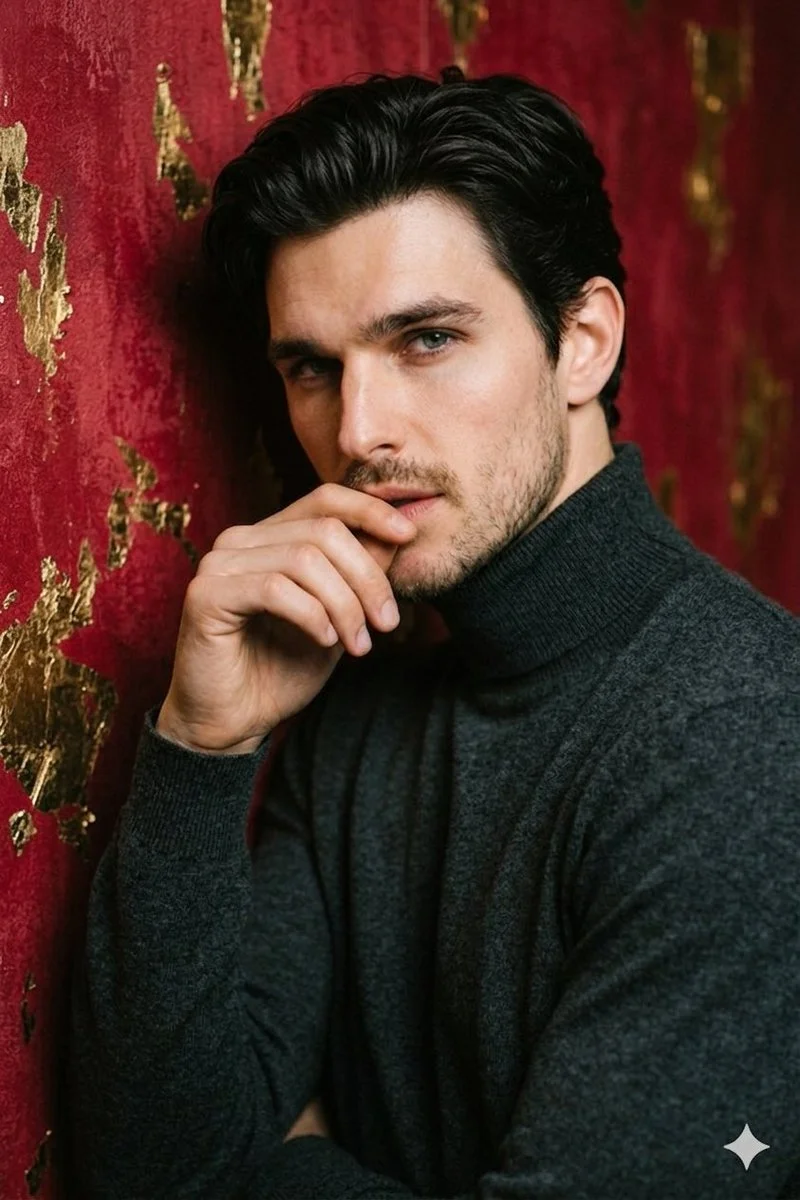 Baroque Oil Portrait of Young Man with Textured Hair and Gold Accents