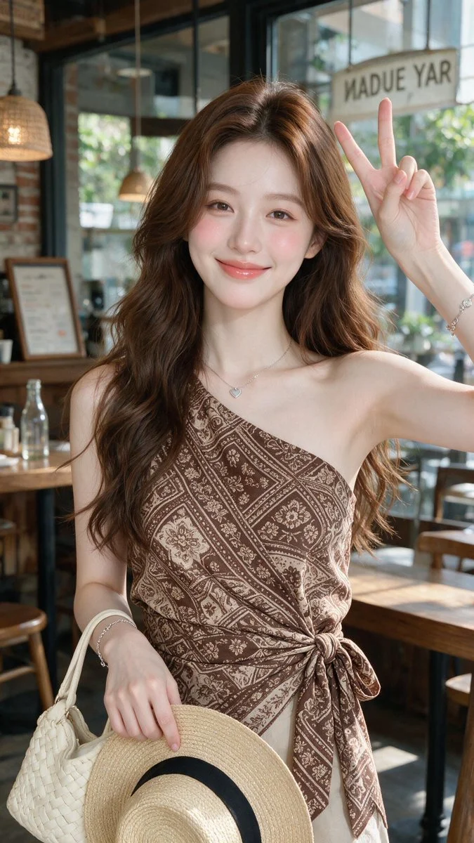 Batik-clad woman poses with straw hat in sunlit modern café