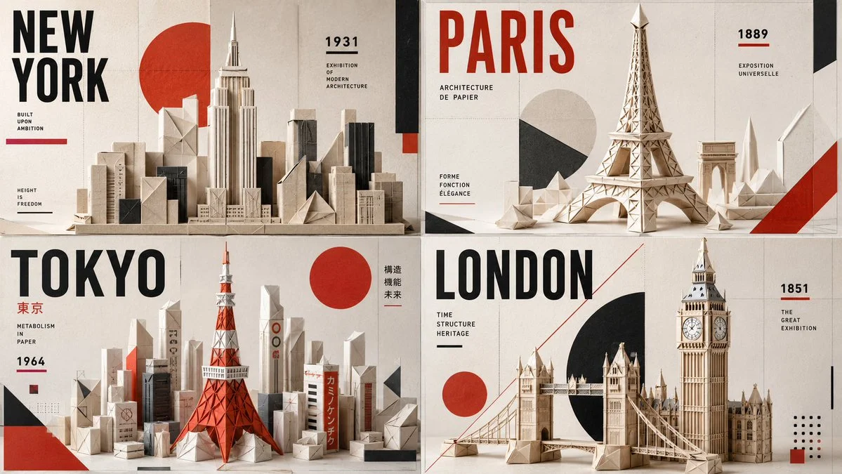 Bauhaus papercraft grid folds four iconic city skylines
