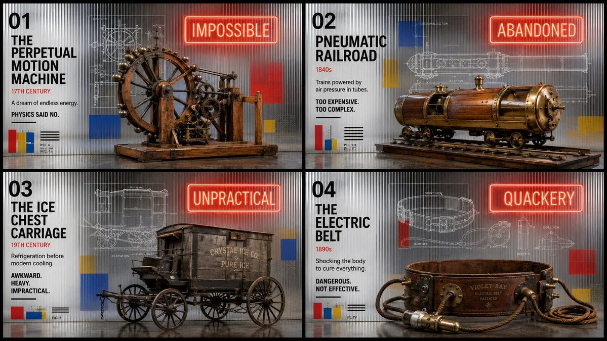 Bauhaus poster showcases four failed inventions behind textured glass grid