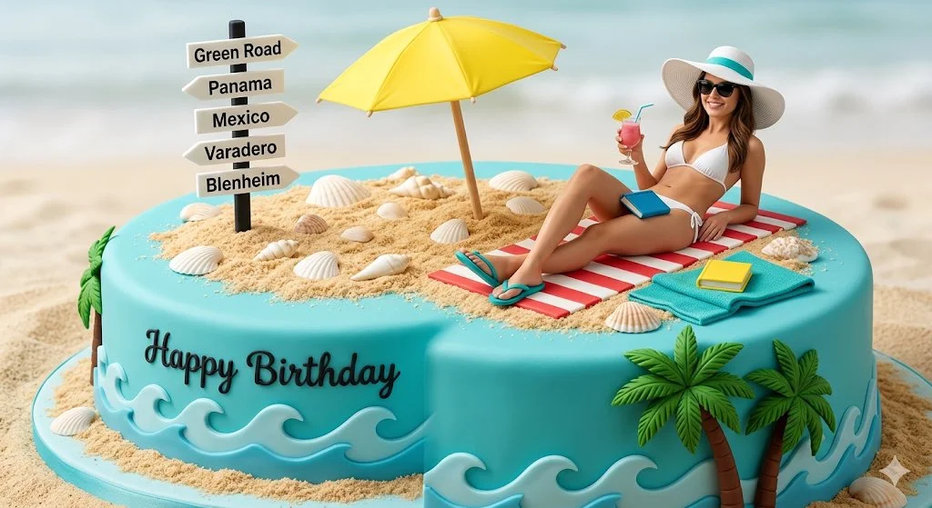 Beach Paradise Birthday Cake with Miniature Sunbather