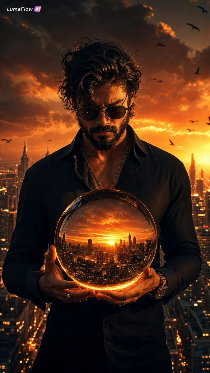 Bearded man holds a glowing city orb on a rooftop at sunset