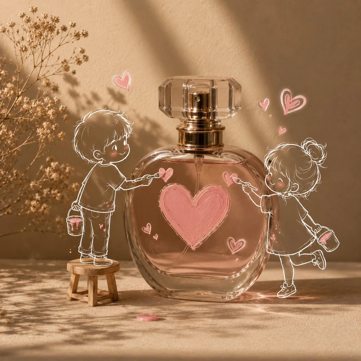 Beige studio scene with sketch character hugging a minimalist product