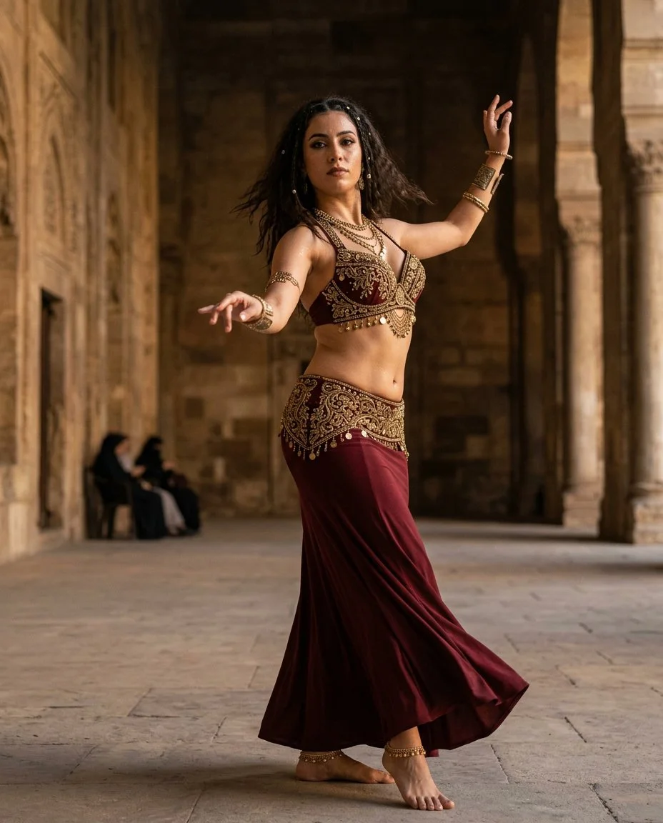 Belly Dancer Spins in Grand Stone Hall with Golden Light