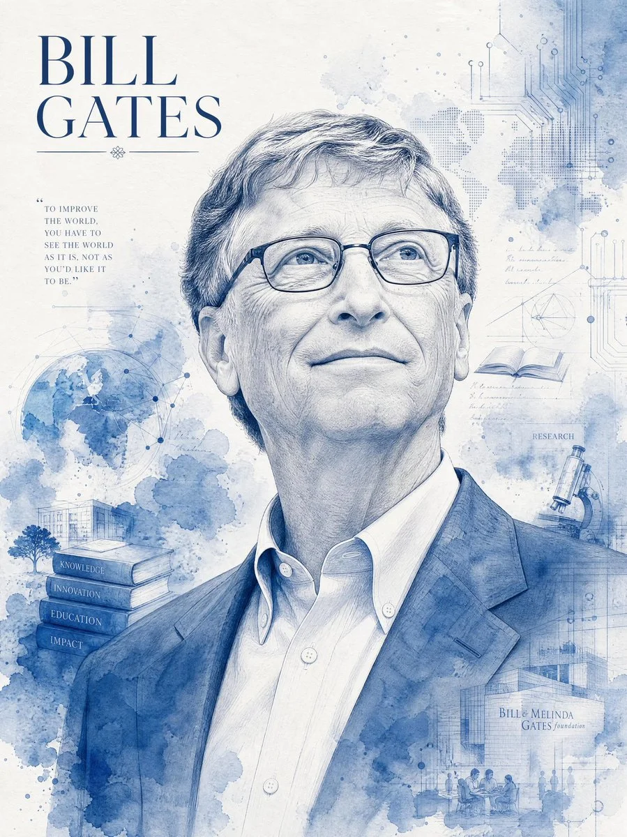 Bill Gases' visionary portrait blends blue watercolor with ink sketches.
