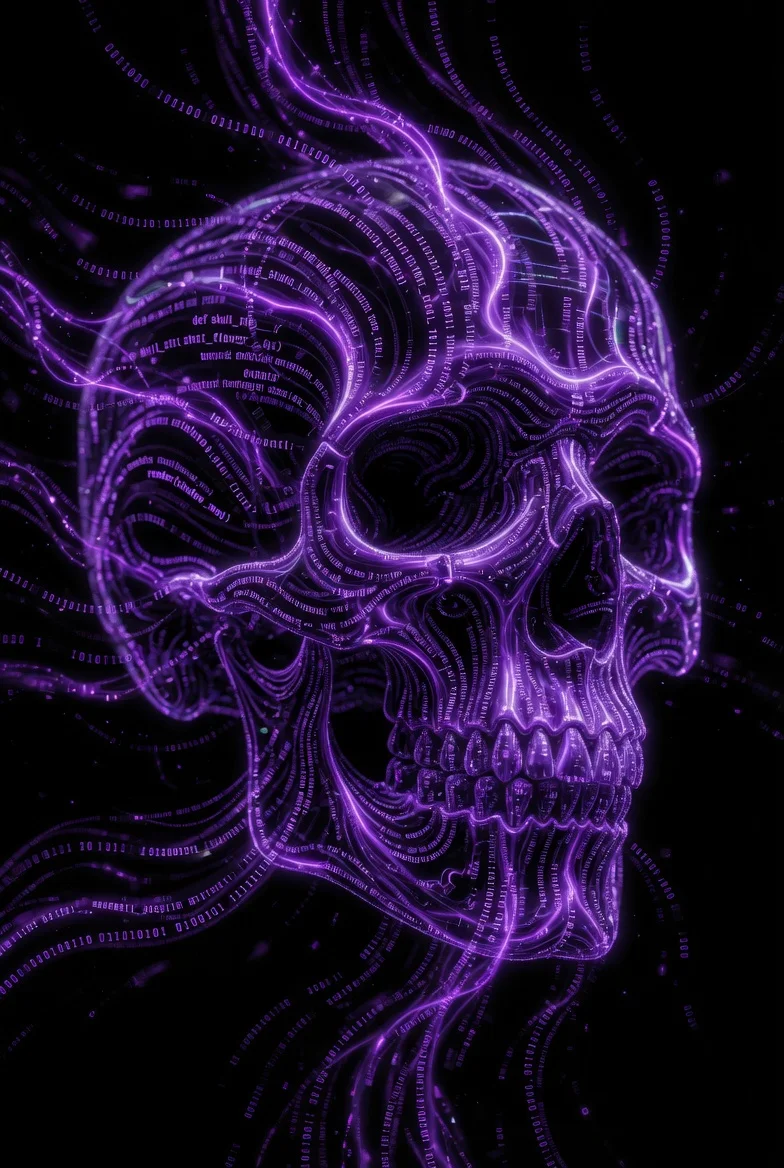 Binary cascades form a skull portrait in electric purple