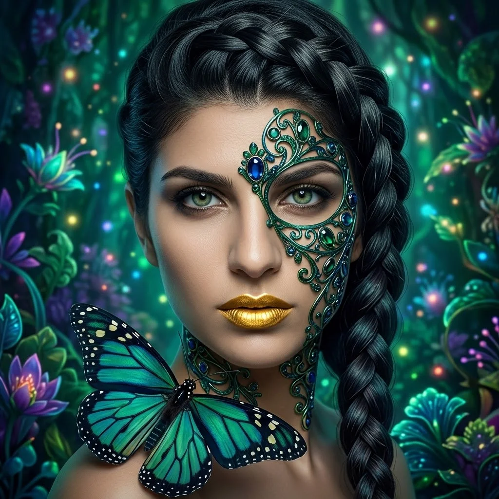 Bioluminescent Portrait of a Woman Adorned With Sapphire Filigree Mask