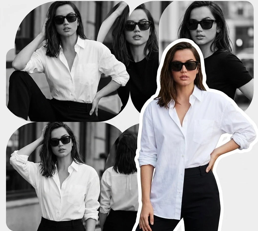 Black and white panels frame a confident woman in color cutout