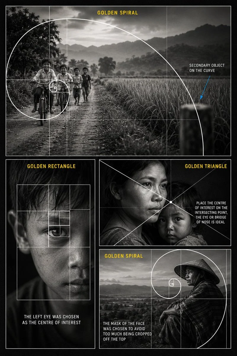 Black and white poster shows golden spiral in photography composition