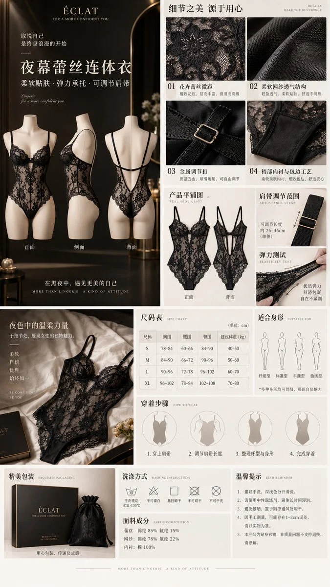 Black Lace Bodysuit Displayed in Premium E-Commerce Detail Page Layout