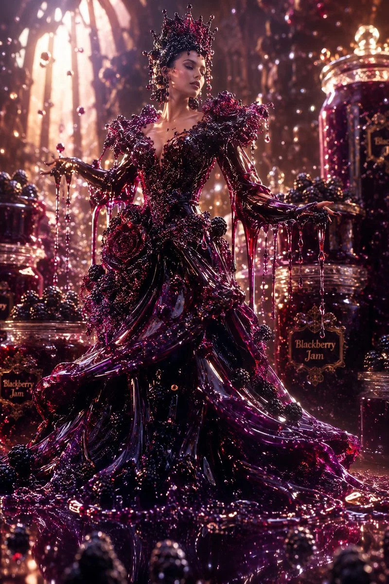 Blackberry jam gown flows with magical reversing drips in sunlight