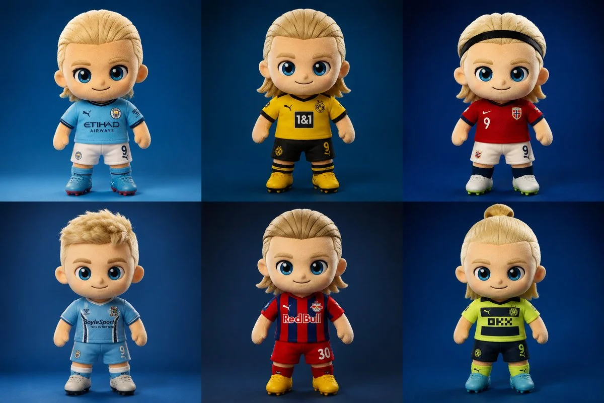 Blond chibi soccer mascot poses in blue studio lighting