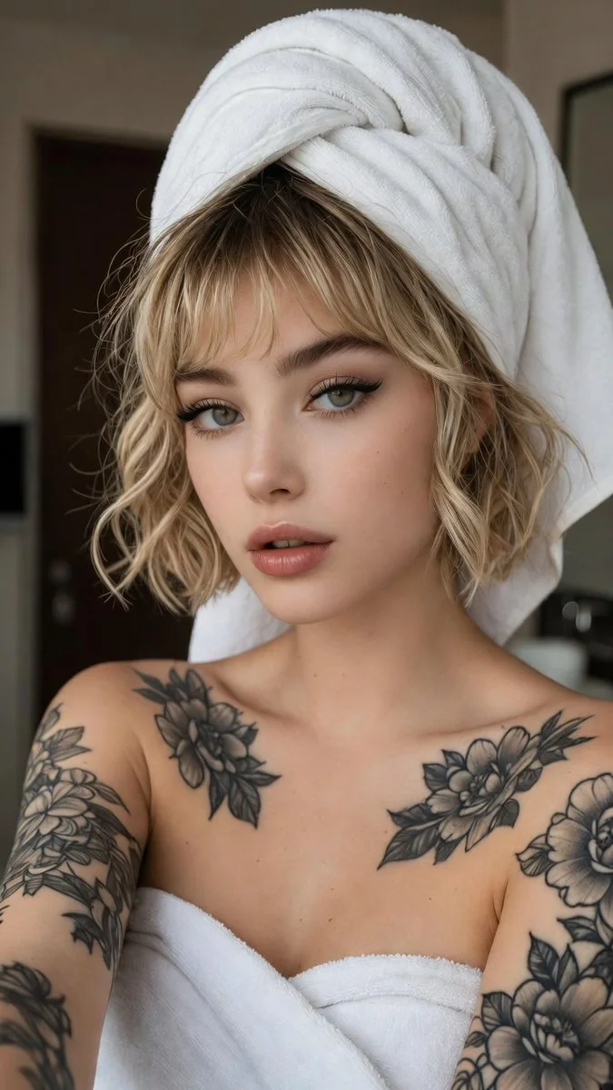 Blonde beauty with floral arm tattoos poses in elegant bathroom