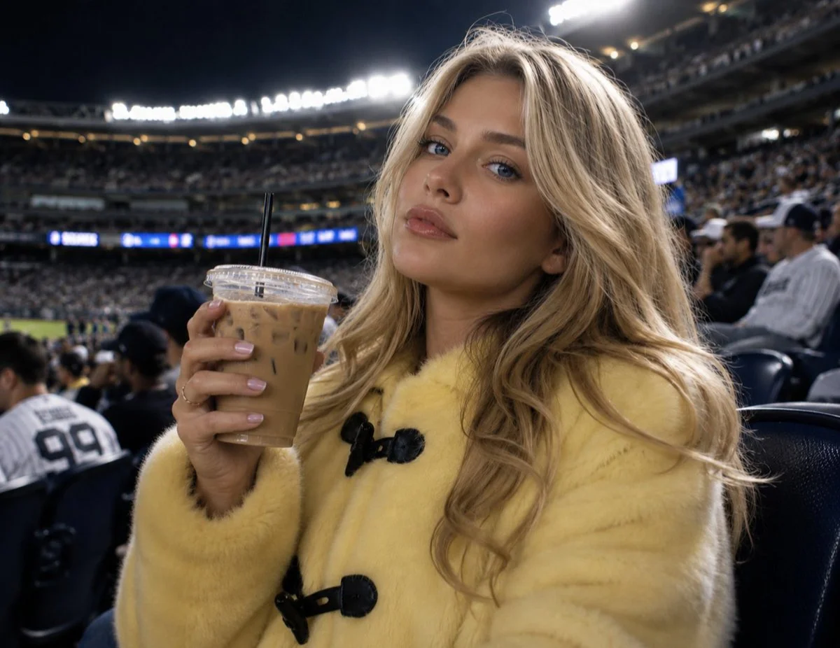 Blonde fan's confident gaze meets camera under bright stadium lights