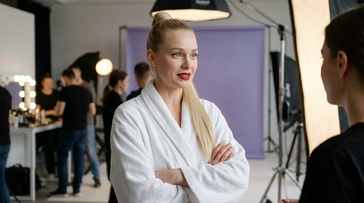 Blonde model in white robe feels nervous excitement before shoot