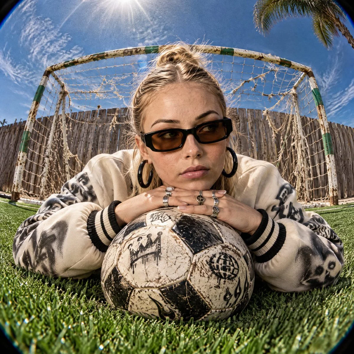 Blonde model lies prone on turf behind football in fisheye editorial shot
