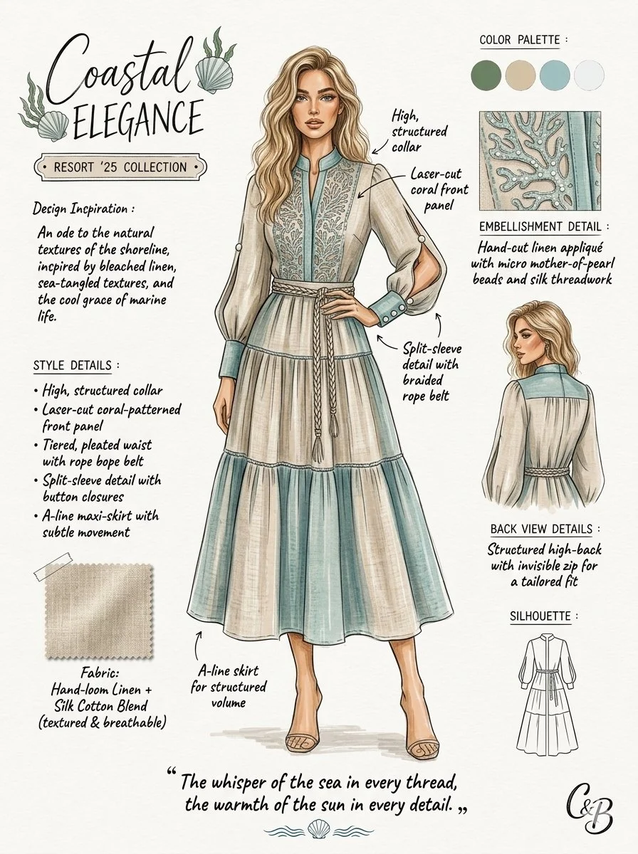 Blonde model poses in coastal resort maxi dress sketch