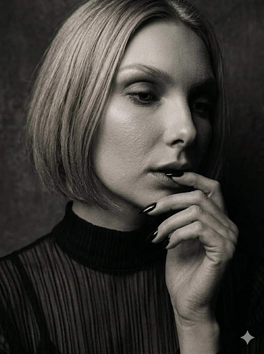 Blonde woman frames her face with glossy black stiletto nails