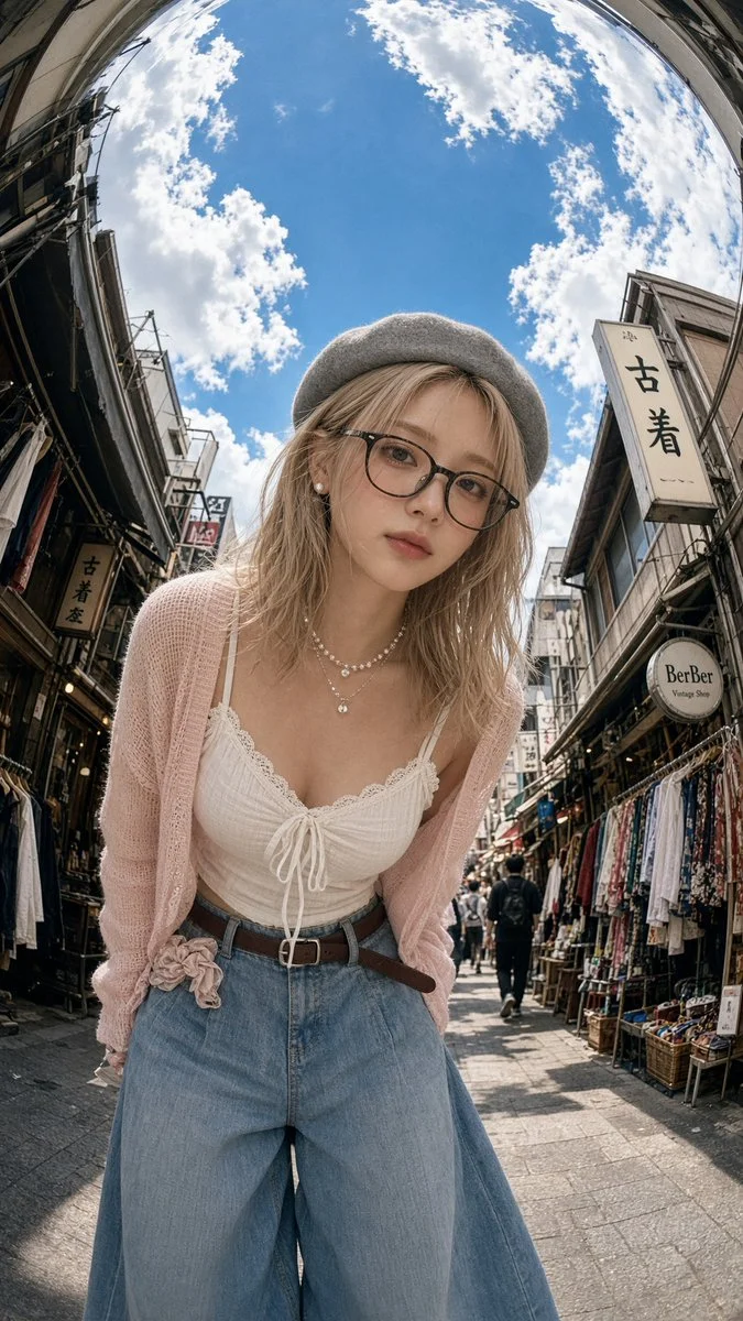 Blonde woman in beret leans toward camera in Tokyo alley snapshot