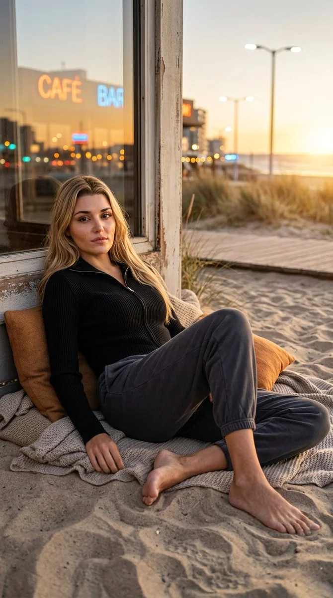 Blonde woman in black jacket relaxes on sandy shore at dusk