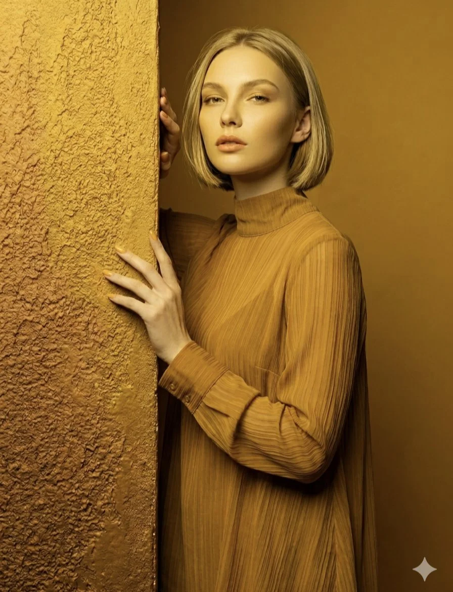 Blonde woman in golden dress poses beside textured pillar
