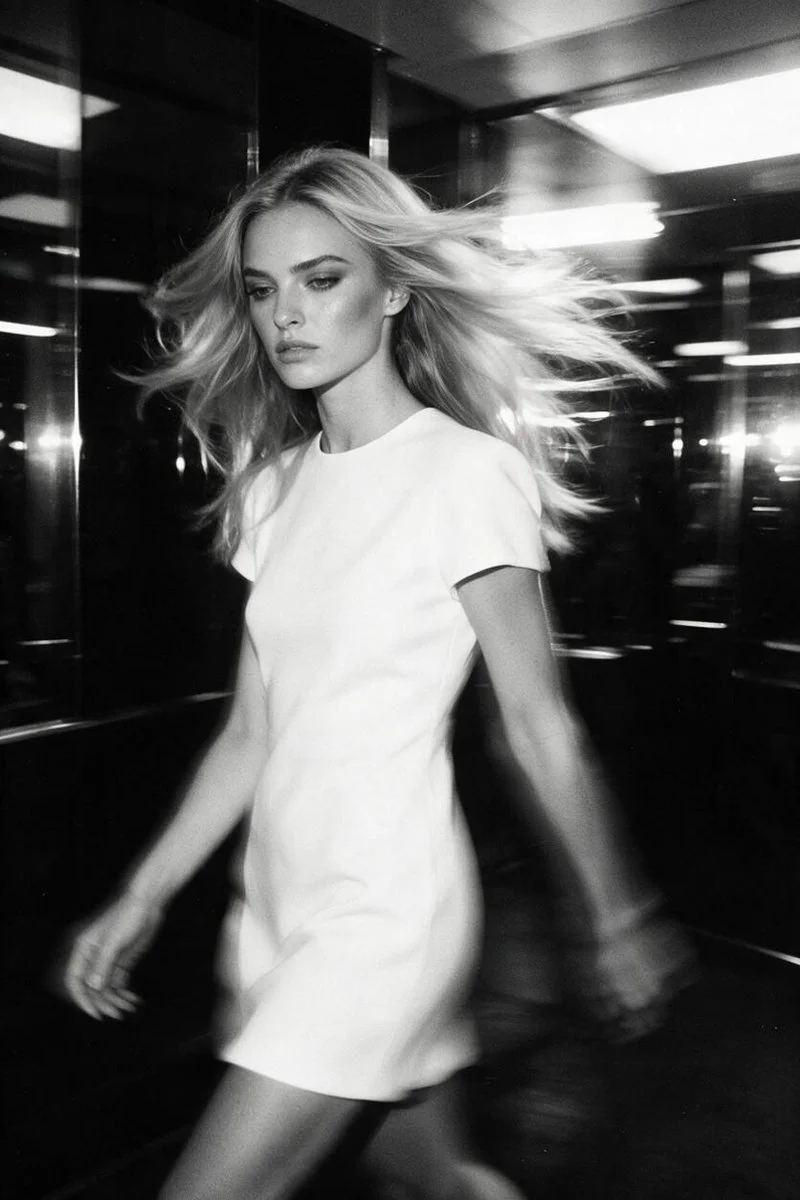 Blonde woman strides through dark corridor with motion blur