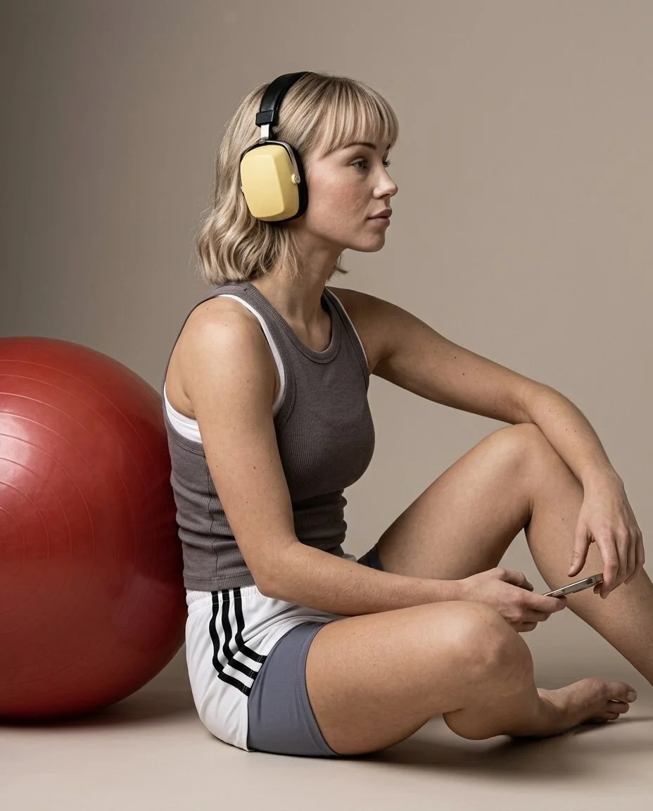 Blonde woman with headphones leans on red ball in contemplative pose