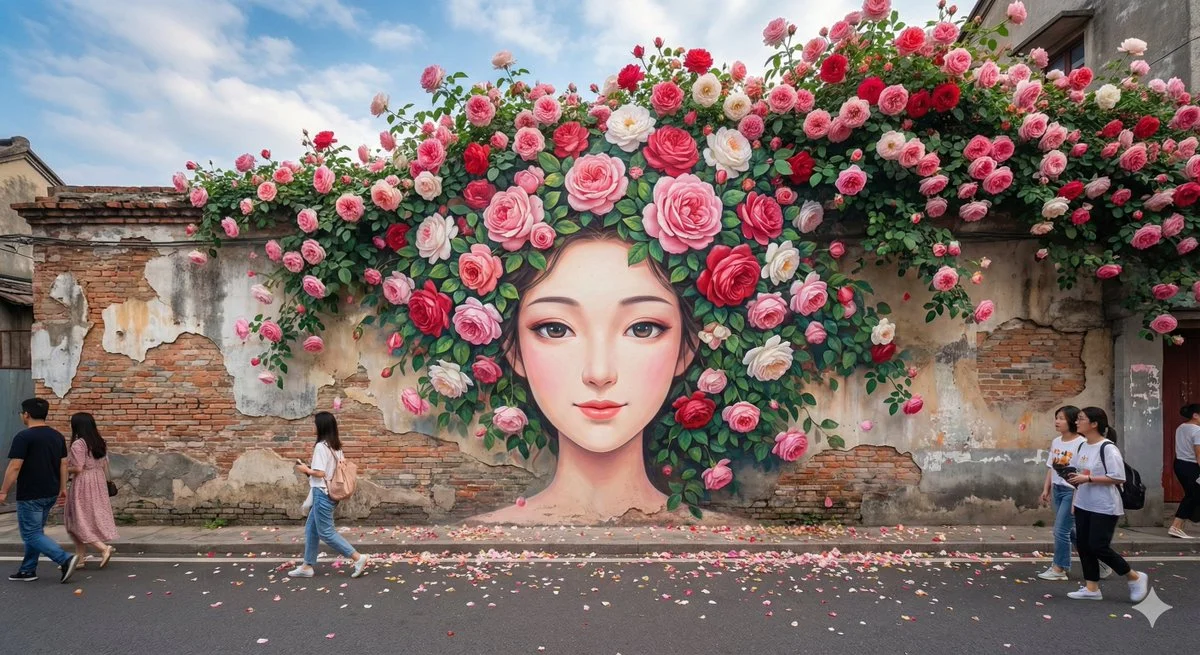 Blooming Whimsy: A Dreamy Rose Girl Mural
