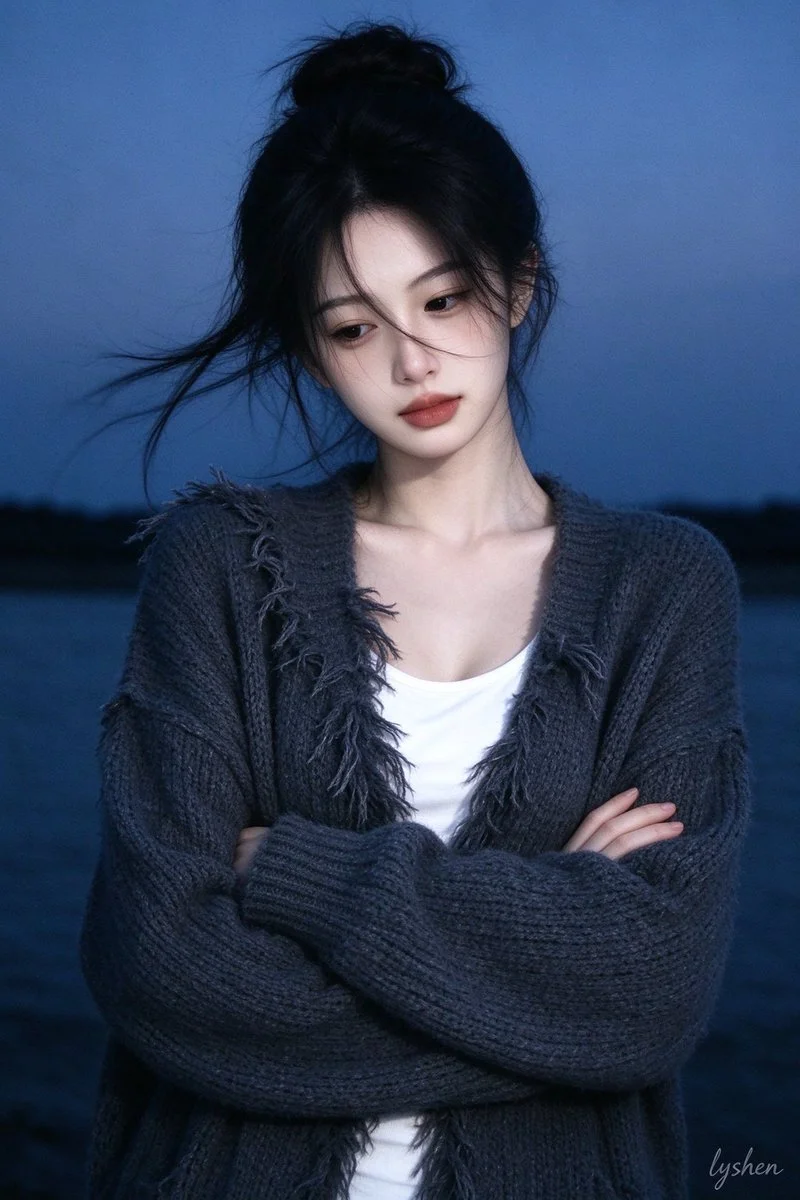 Blue dusk portrait highlights soft textures and cool tones