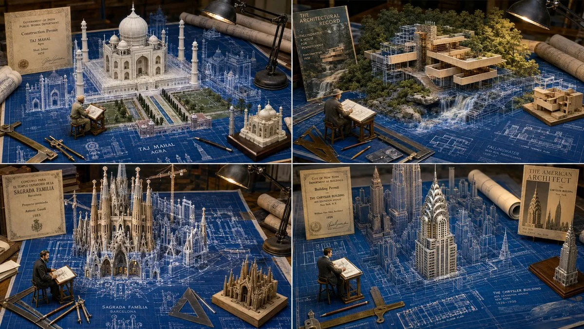 Blueprint lines rise into a glowing architectural diorama of a landmark