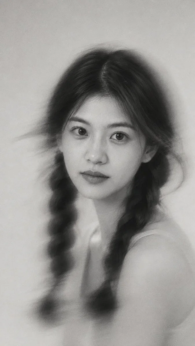 Blurred monochrome portrait with distant gaze and film grain