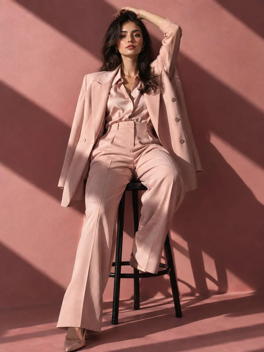 Blush Pink Power Suit Commands Attention in Studio Light