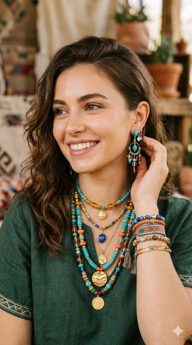 Bohemian Radiance: Portrait of a Young Woman with Vibrant Jewelry