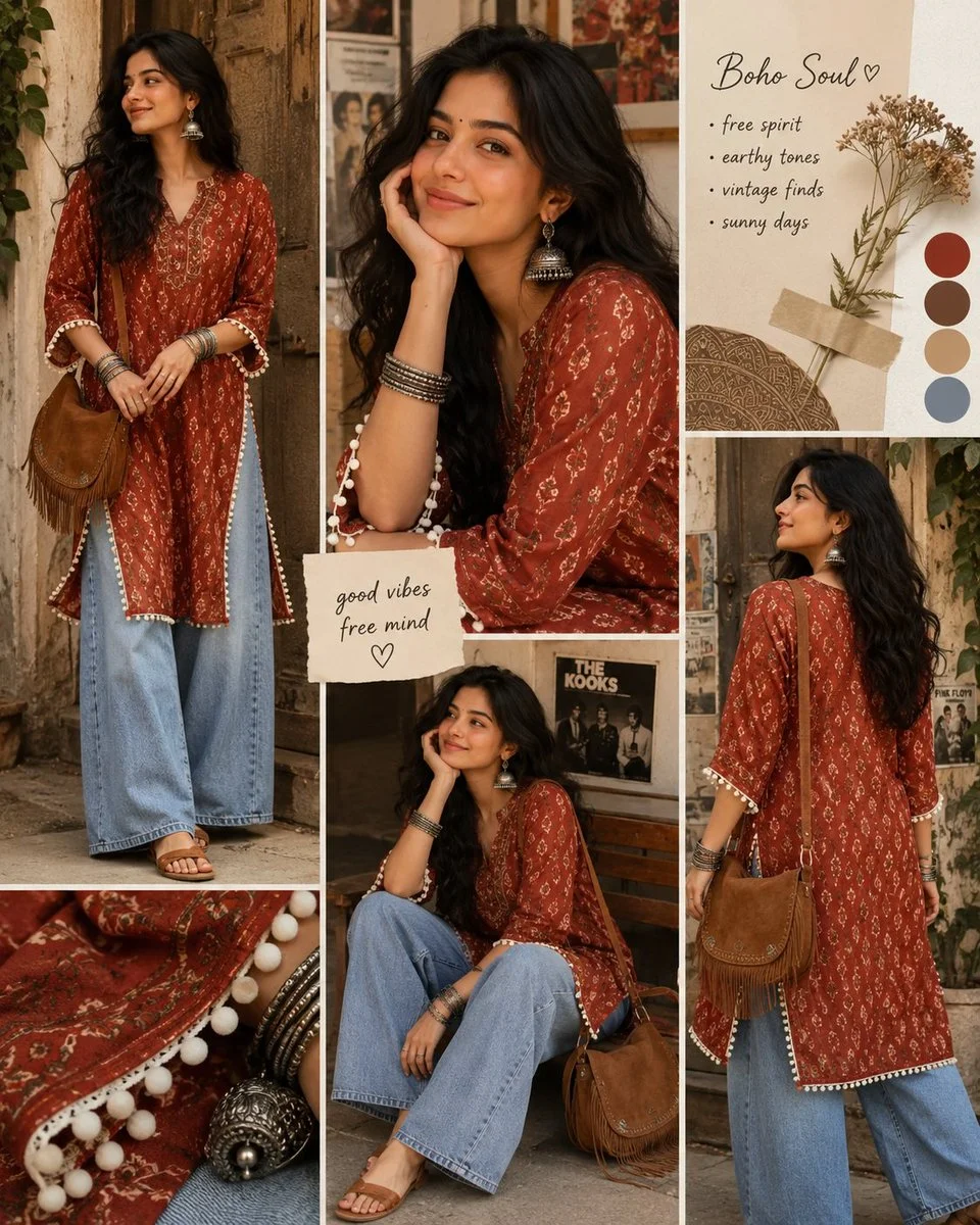 Boho woman in rust-red kurti and blue denim poses naturally