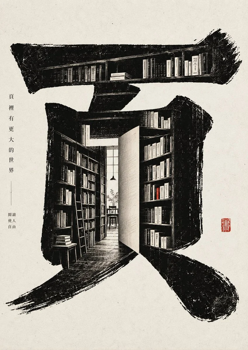 Bold black brushstroke character grows a tiny book inside its stroke