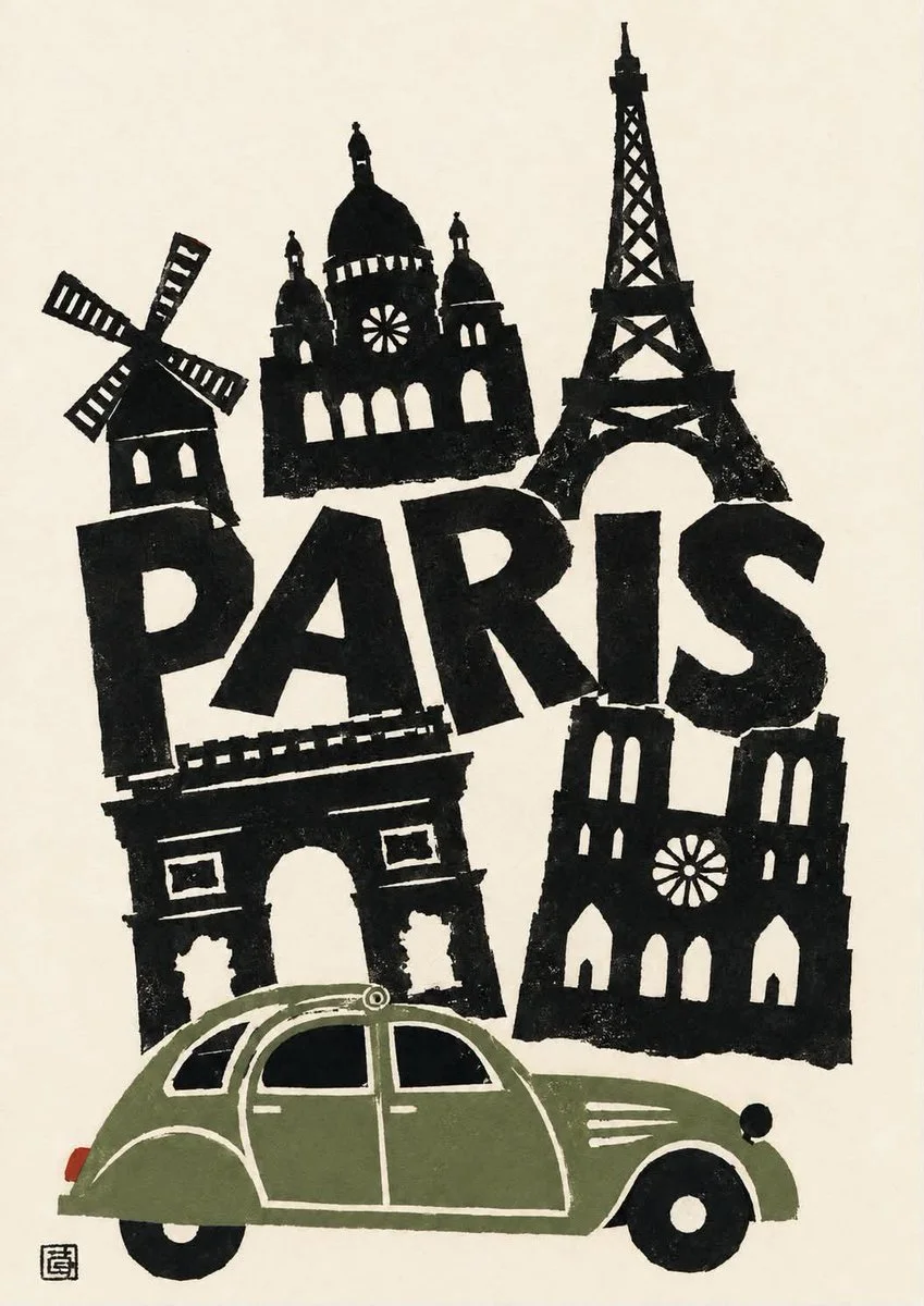 Bold black city silhouettes rise above a vintage travel poster street