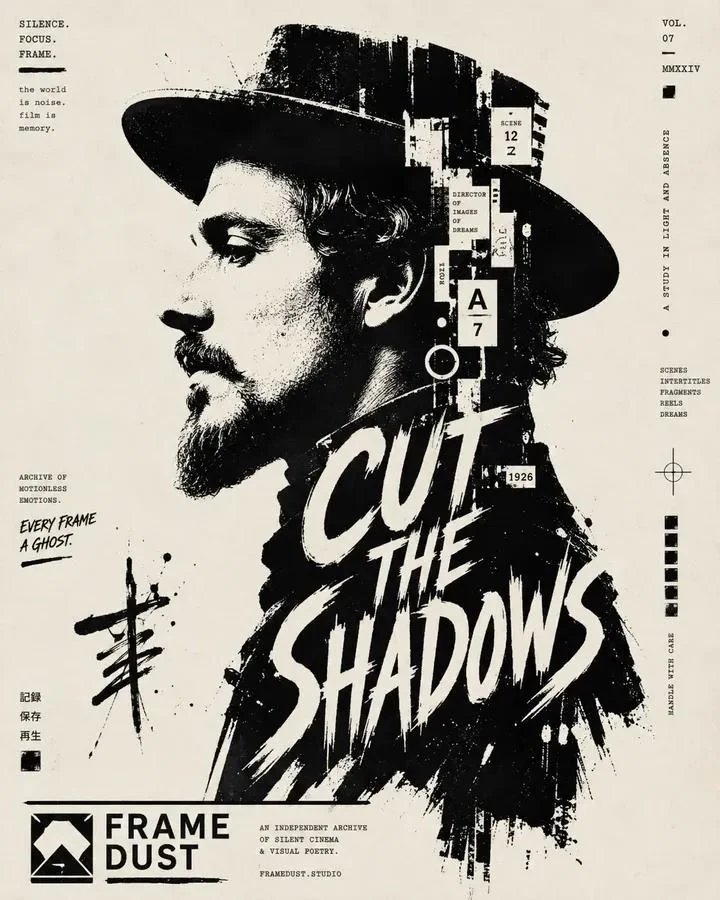 Bold black ink silhouette portrait with fragmented stencil shapes