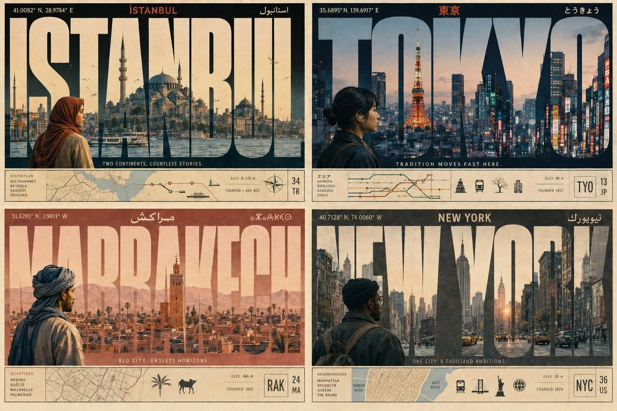 Bold city typography merges with skyline landmarks in a poster