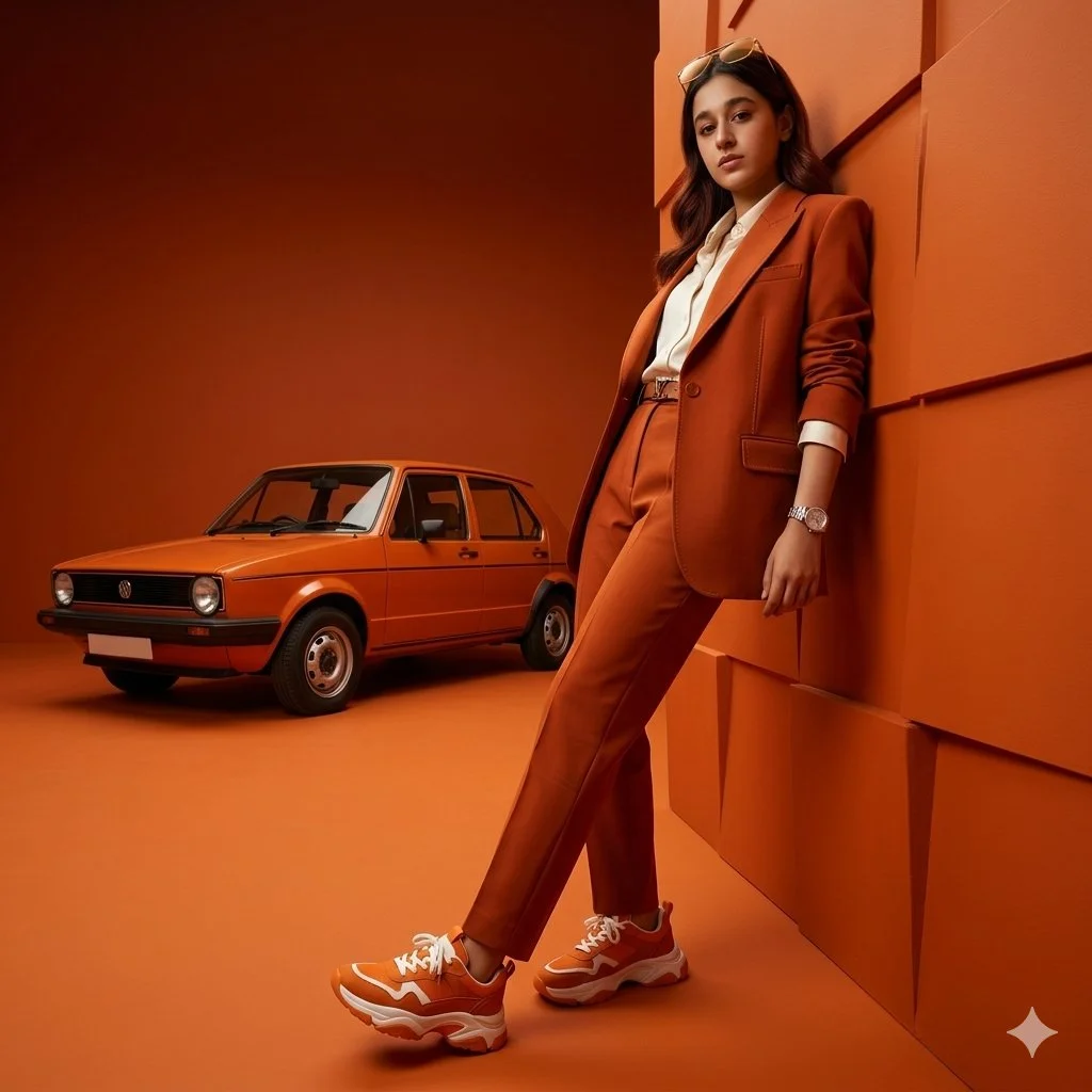 Bold Couture Against Geometric Orange: High-Fashion Editorial in Vibrant Hues