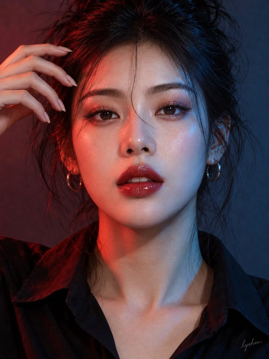 Bold East Asian Woman Poses in Red and Blue Beauty Portrait