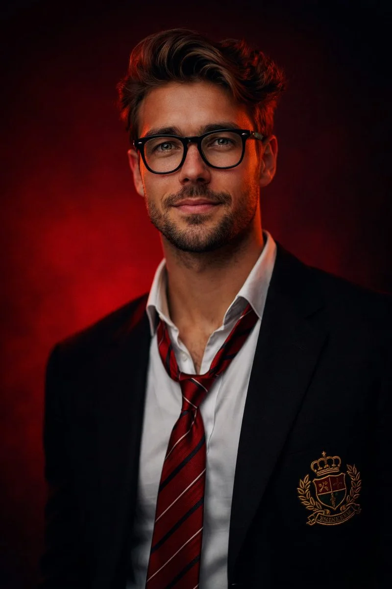 Bold Expression Captured in High-Contrast Red-Toned Studio Shot