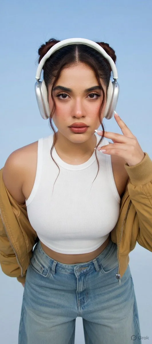 Bold Fashion Portrait with Dynamic Pose and Crisp Blue Sky