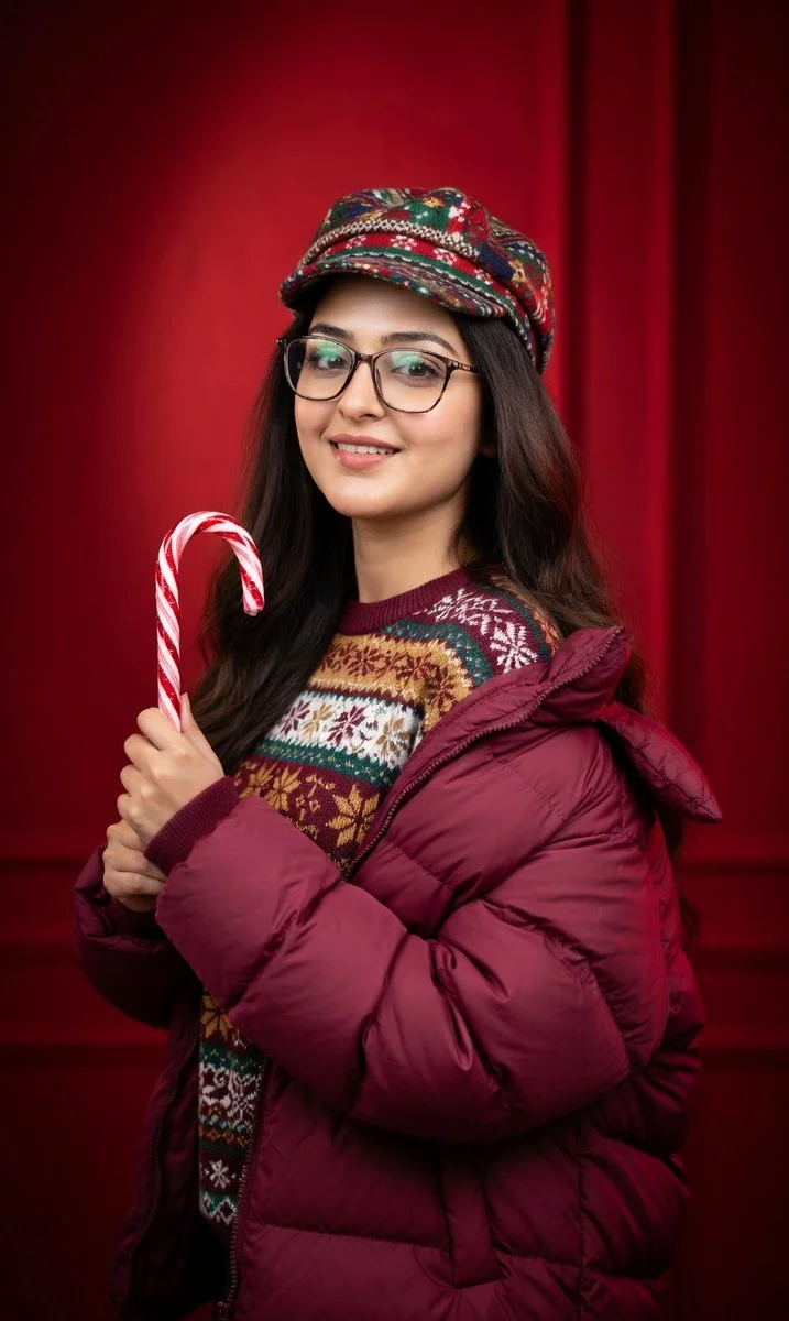 Bold Holiday Portrait with Rich Textures and Vibrant Reds