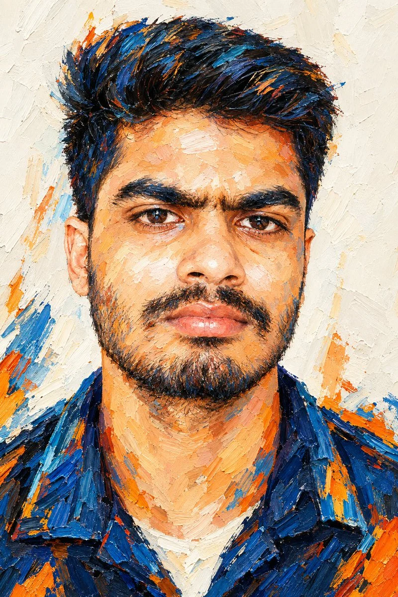 Bold Impasto Portrait of a Man in Electric Blue and Orange Strokes