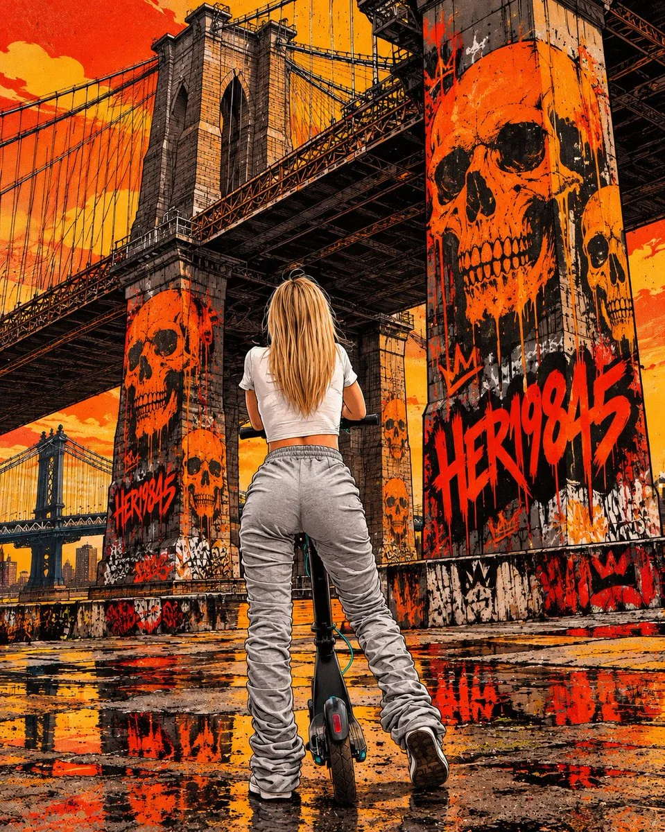 Bold manga model stands beneath concrete bridge with orange skulls